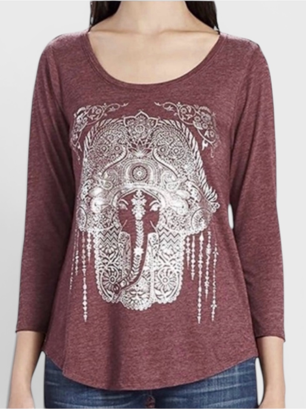 605 1050 Lucky Brand 34 Sleeve Silver Elephant Top